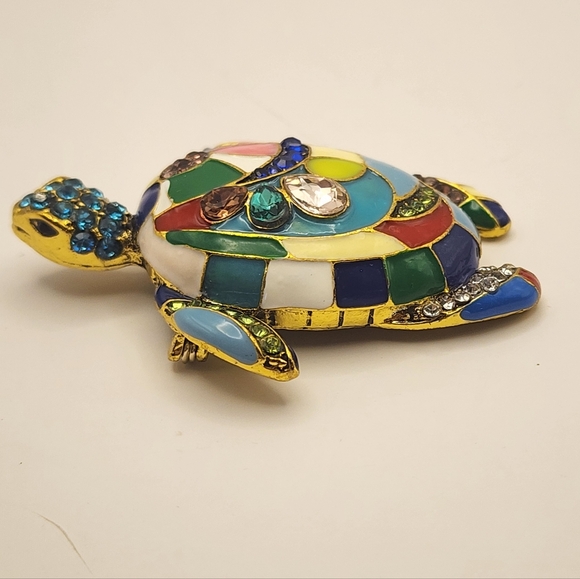 Enamel Rhinestone Sea Turtle Tortoise Brooch Contemporary Pin - Picture 3 of 5